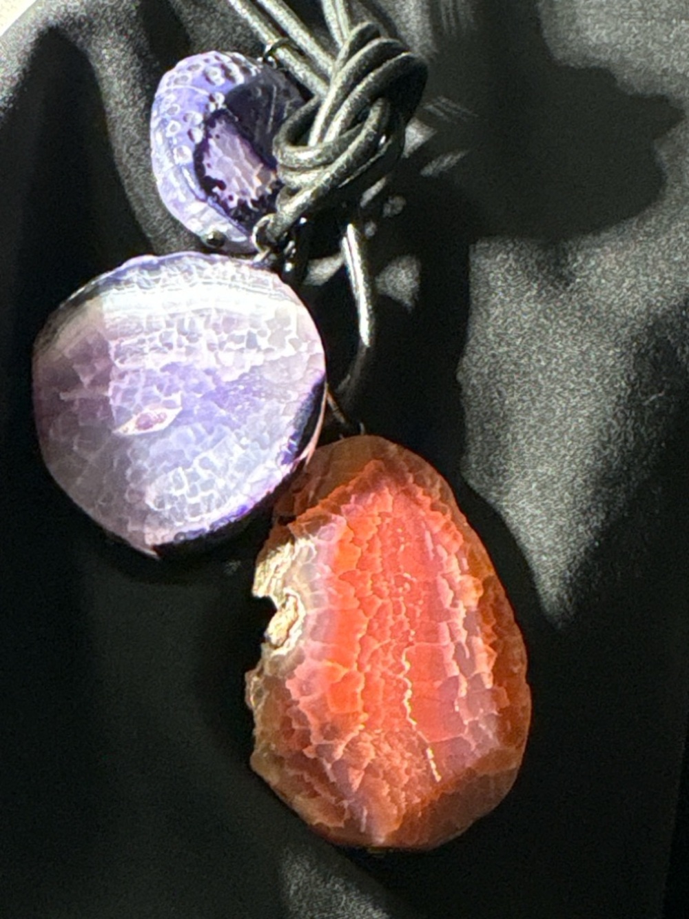 Athens Protasis Agate Slice Necklace Black Leather Cord Purple Red Statement